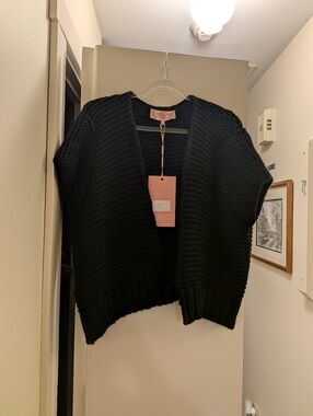 NWT Scandal Italy Black Open-Front Chunky Knit Cardigan Italian Luxury Medium